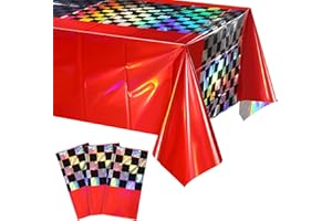 FUNNYPARS 3Pack Iridescent Race Car Plastic Tablecloth, Disposable Shiny Laser Red and Black Checkered Table Cloth, Holographic Foil Rectangle Tablecloth for Race Car Boys Birthday Party Decorations, 54x108Inch