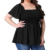 Agnes Orinda Plus Size Summer Tops for Women Square Neck Short Sleeve Ruffle Hem Casual Loose Fit Blouse Top