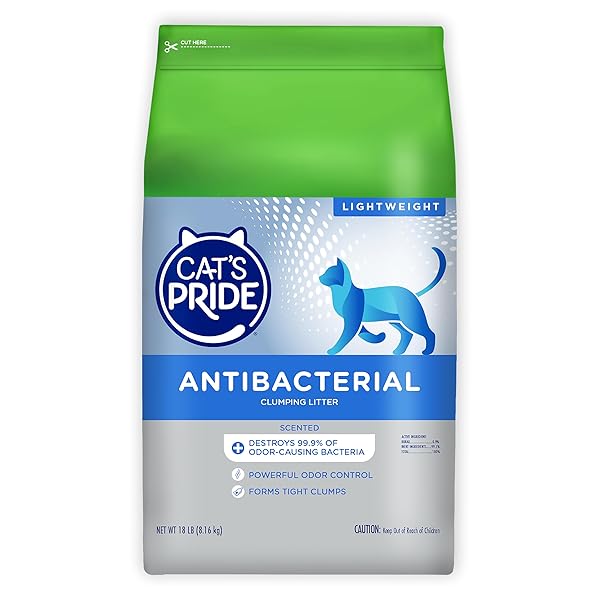 CAT’S PRIDE NEW ANTIBACTERIAL CAT LITTER: DESTROYS 99.9% OF ODOR-CAUSING BACTERIA – POWERFUL ODOR CONTROL – PREMIUM LIGHTWEIGHT CLUMPING LITTER – SCENTED, 18 POUNDS