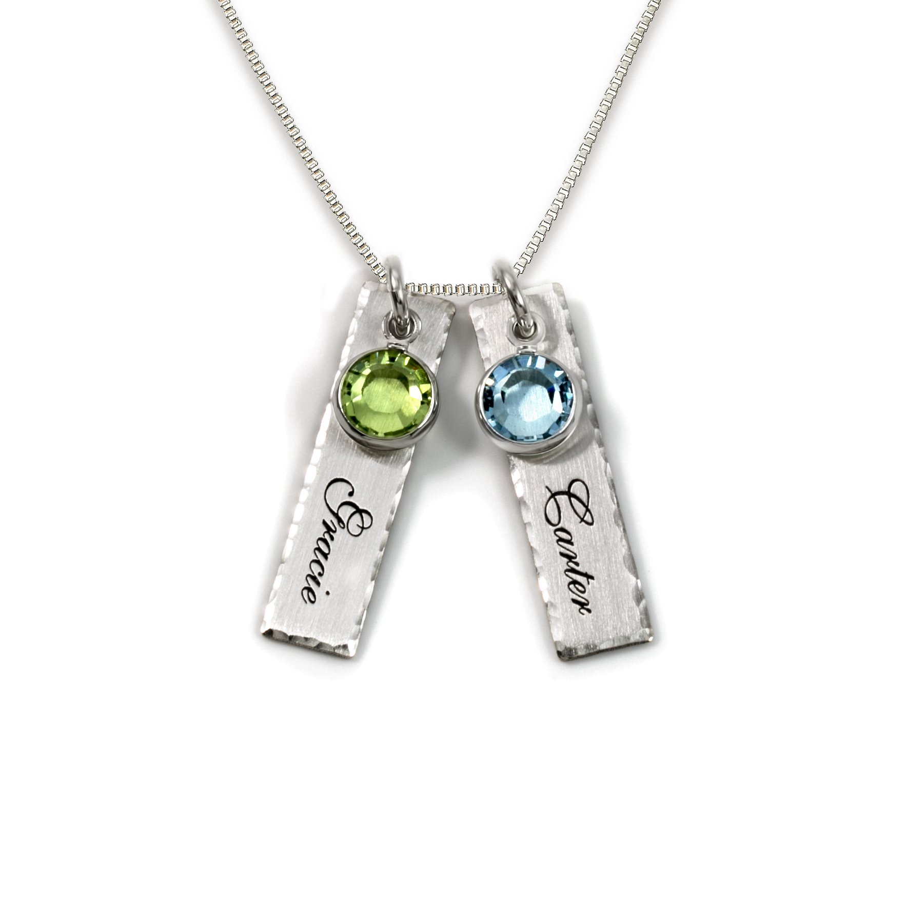 AJ's CollectionUnity in Two Personalized Charm Necklace. Customize 2 Sterling Silver Rectangular Pendants with Names of Your Choice. Choose 2 Swarovski Birthstones, and 925 Chain. Makes Gifts for Her