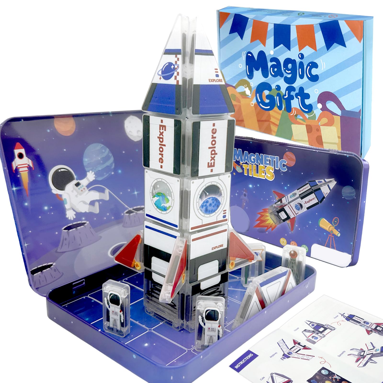 Mini Magnetic Tiles, 42 Pcs Rocketship Magnetic Building Tiles Kit, Sensory Montessori Toys, Magic 3D Puzzle STEAM Toy for Birthday