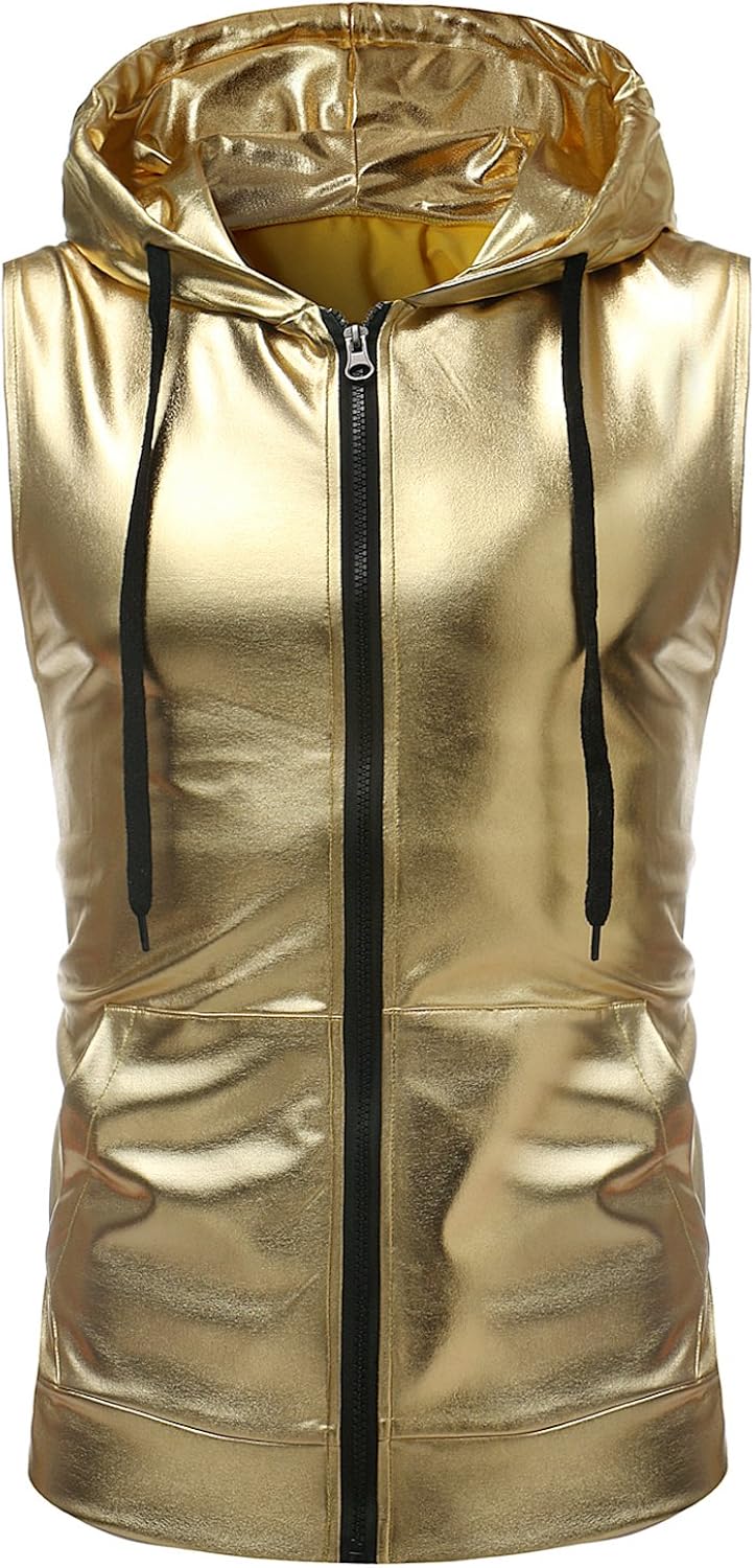 ZEROYAA Mens Hipster Metallic Zip Up Sleeveless Hooded Vest T Shirt with Kangaroo Pocket at  Men’s Clothing store