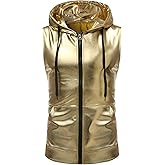 ZEROYAA Mens Shiny Metallic Zip Up Sleeveless Hooded Vest T Shirt with Kangaroo Pocket