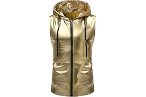 ZEROYAA Mens Shiny Metallic Zip Up Sleeveless Hooded Vest T Shirt with Kangaroo Pocket