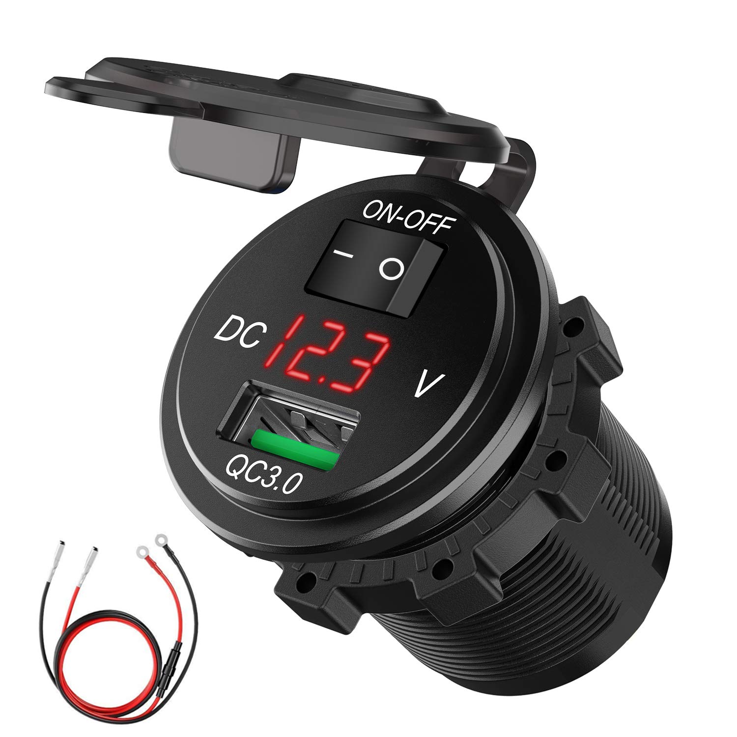 Quick Charge 3.0 USB Charger Socket, SunnyTrip 18W 12V/24V USB Power Outlet Adapter Waterproof Car Charger with LED Voltmeter & On Off Switch for Car RV ATV Boat Marine Motorcycle Mobile