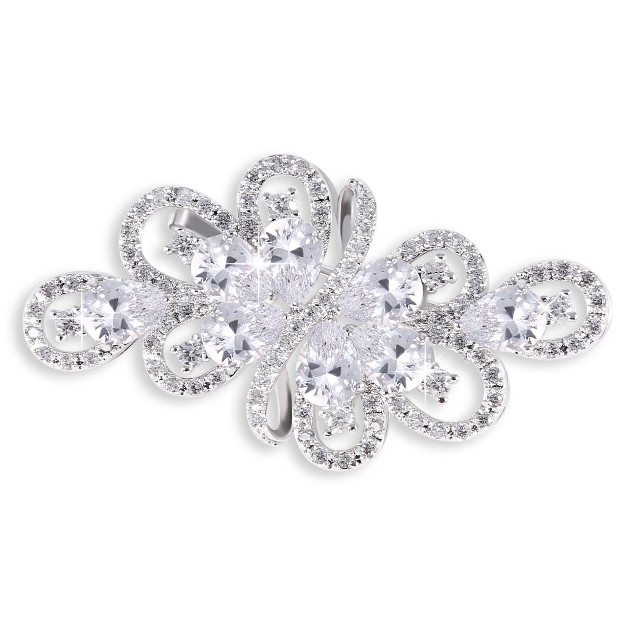 Hanie Brooches for Women Ladies, Silver White Gold Plated Pins with 5A White Cubic Zirconia, Flower Shape Gift for Mother Girlfriend Wife on Party Wedding, Luxury Pins on Sweater Coat Evening Dress