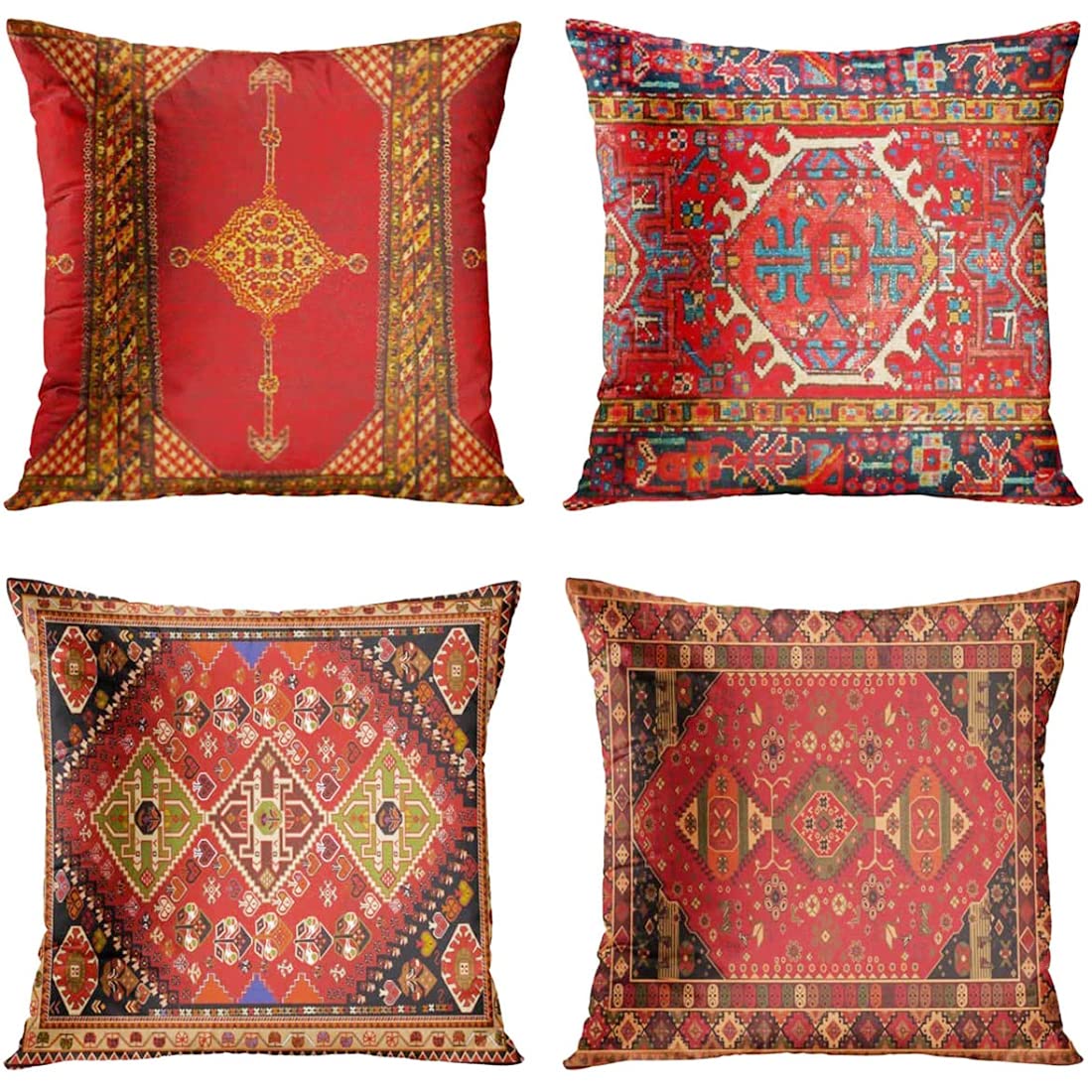NDMMSO Set of 4 Cushion Covers 18 x 18 Inches Geometric Persian Kilim Home Decor Oriental Ikat Pillow Covers Decorative Inches Cushion Couch Sofa Pillowcases Colorful Red Tribal Cushion Covers 45x45cm