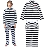WEFONLLICOS Adult Prisoner Costume Jail Prison Outfit Pant Suit Criminal Convict Black White Striped Costume Halloween
