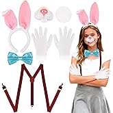 MJOGGOTT 6 Pcs Halloween Bunny Rabbit Costume Accessories Women Bunny Ears Headband Tail Nose Bow Tie White Glove Y Back Adjustable Suspender for Halloween Adult Cosplay Costume Party