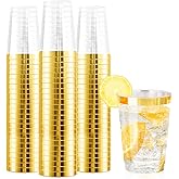 Ciaell 120PCS Gold Plastic Cups - 12Oz Heavy Duty Plastic Cup - Disposable Gold Rimmed Cups - Premium Gold Rim Cup Perfect for Wedding & Party