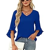 Qirno Chiffon Blouses for Women Ruffle 3/4 Sleeve Dressy V Neck Casual Flowy Tunic Tops