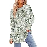Kenvina Womens Tunic Tops to Wear with Leggings Long Sleeve Thumb Hole Shirts Crew Neck Curved Hem Basic Printed Tees Clothes