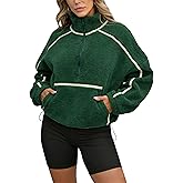 TBETNE Women's Fleece Jacket Long Sleeve Half Zip Pullover Fuzzy Sherpa Sweatshirt Contrast Outerwear with Pockets