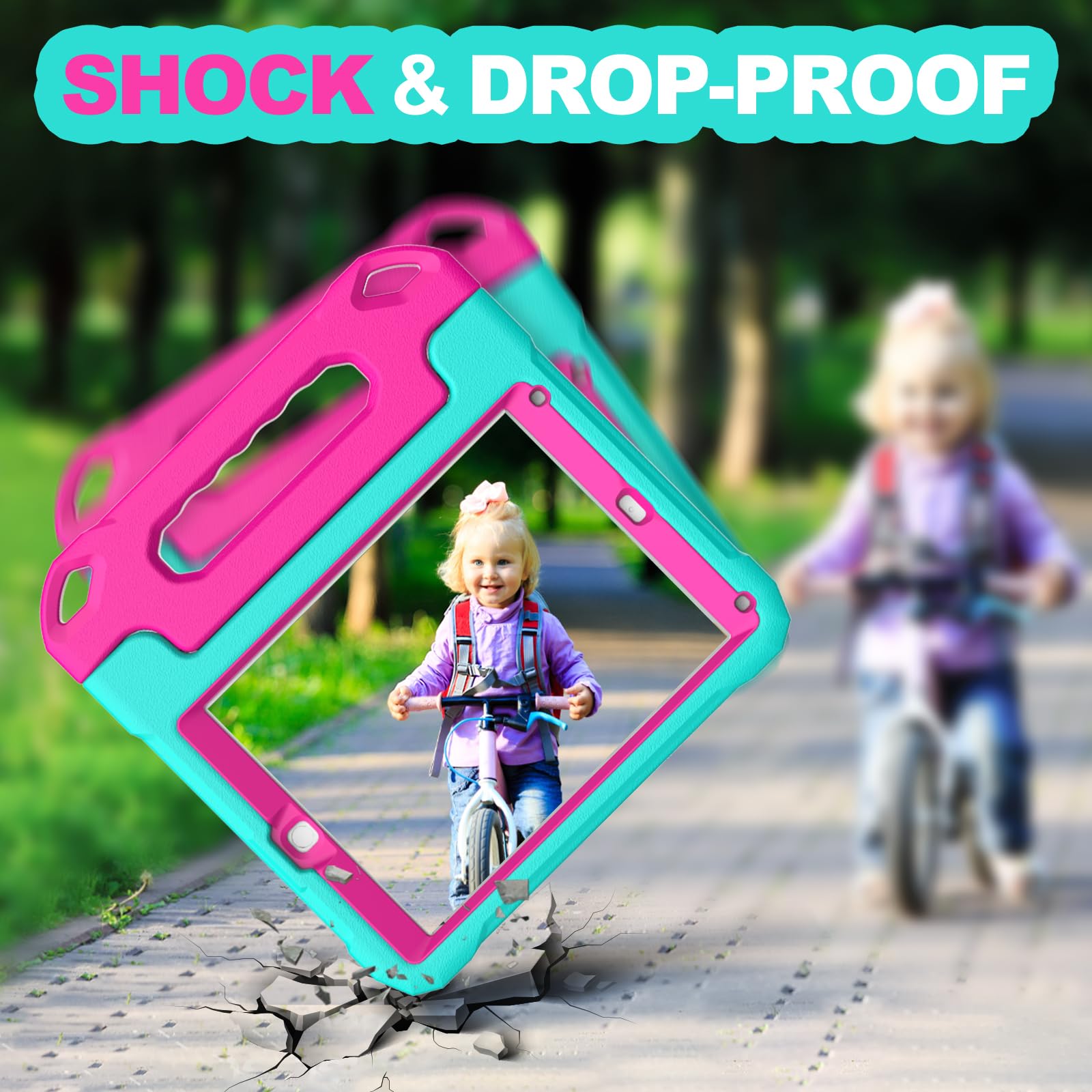 YIHE Kids Case for iPad 9.7 Inch with Screen Protector, Shockproof Handle Convertible Stand Case for iPad 9.7 6th/5th Generation 2018/2017, iPad Air 2/1& iPad Pro 9.7, Cyan&Pink