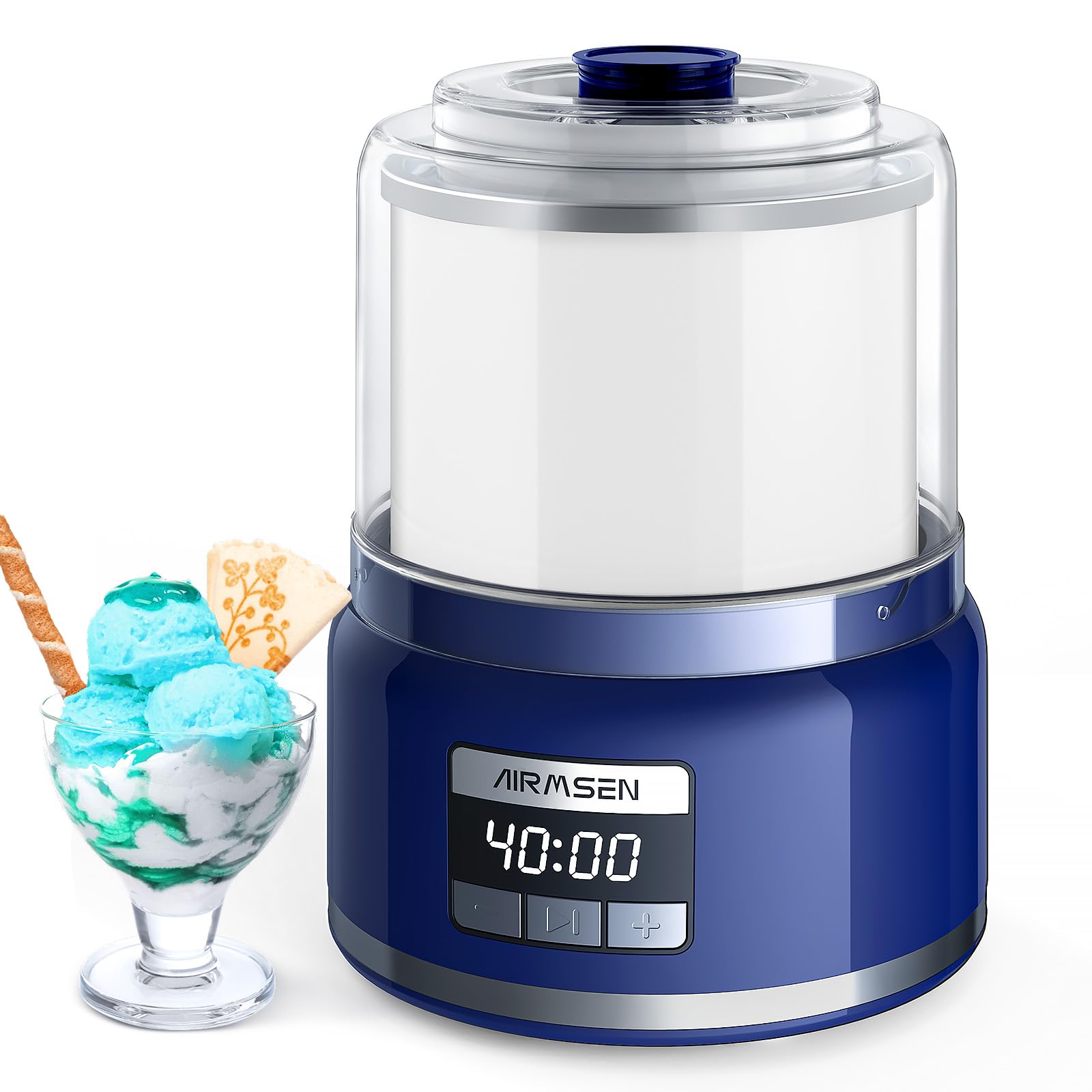 Photo 1 of AIRMSEN Ice Cream Maker, 2.1-Quart Automatic Ice Cream Machine with LED Screen and Timer for Gelato Milkshakes Sorbet, Double-Insulated Freezer Bowl, Compact Size, Perfect for Family (Blue, Large)