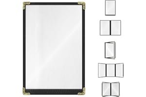 ACI SUPER POWER Goodsmart Restaurant Menu Covers – 25 Pack Black 2-View, Top-Loading Menu Holders, Vinyl & Plastic Café Menu Covers, Clear Menu Sleeves, Fits 5.5" x 8.5", Leather-Style Design, Gold Corners
