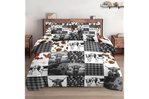WeCozy 3 Pcs Comforter Set Full Size with 2 Pillowcases, Highland Cow Print Animal Bedding Set for Kids and Adults, Farm Black White Plaid Soft Comforter Set for Bedroom Bed Decor