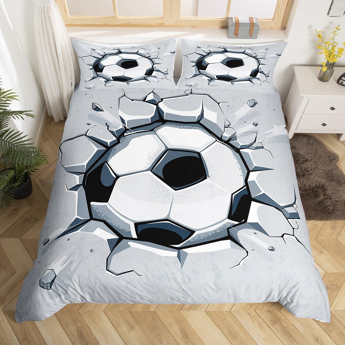 feelingyou Soccer Print Duvet Cover Set Single Size,Cartoon Sports Game Bedding Set for Kid Teen Boys Girls Room Decor,Cartoon Football Print Comforter Cover,Ball Games Quilt Cover with 1 Pillowcase