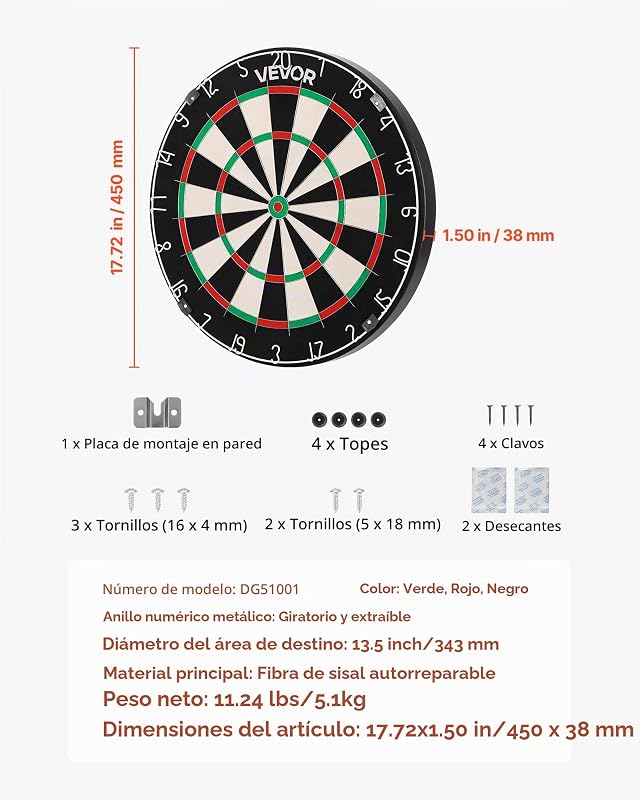 Diana de 450 mm, Profesional, Autorreparadora, Giratorio y Extraíble, de Fibra de Sisal, con Diana sin Grapas, Alambre de Cuchilla y Anillo Giratorio, Ideal para Salas de Juegos en Casa