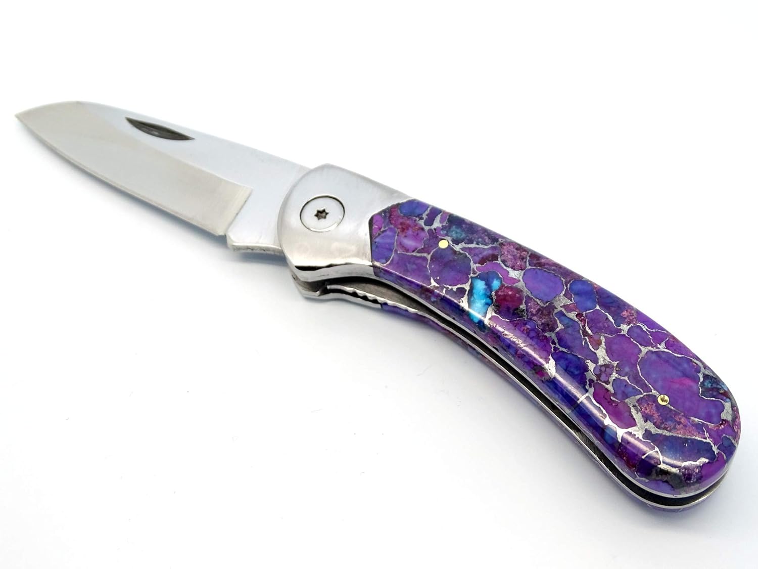 pocket knife turquoise handle, folding knife purple handle, hand made knife for
