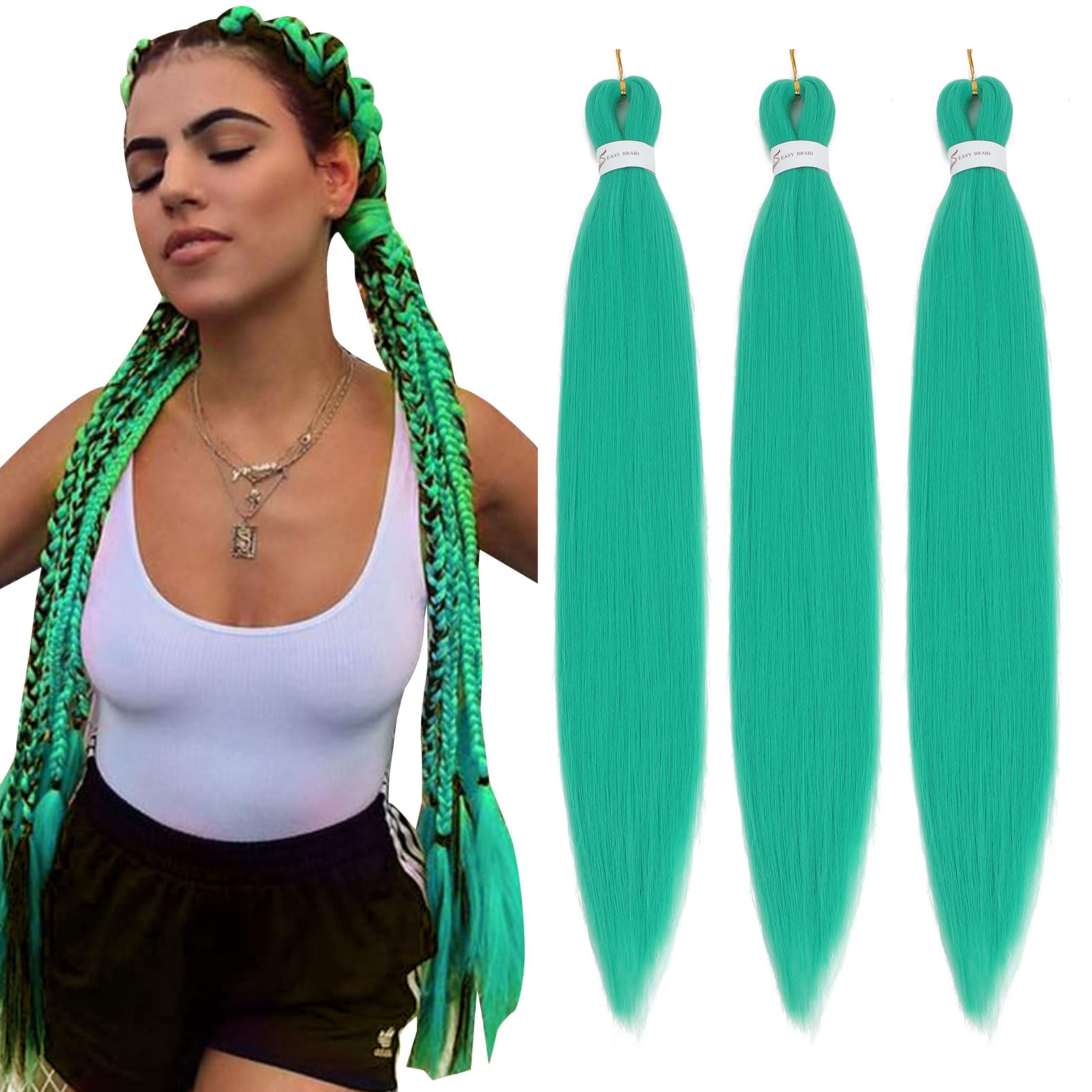 Easy Braid Pre stretched Braiding Hair Extensions - 26 Inch 3Packs Braiding Hair Soft Yaki Texture Crochet Synthetic Hair for Woman Hot Water Setting Crochet Braiding Hair Extensions (Peacock Green#) — image 1