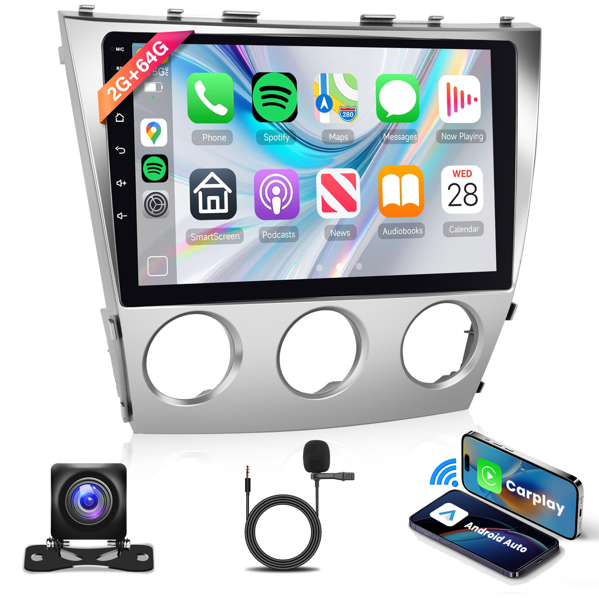 Photo 1 of 2+64G Android Car Radio for Toyota Camry 2006 2007 2008 2009 2010 2011 with Wireless Carplay Android Auto, 10.1'' Touch Screen Head Unit GPS Bluetooth Mirror Link WiFi FM/RDS EQ AHD Backup Camera SWC