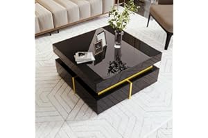 DKYNDSYN Modern Square Coffee Table with 2 Storage Drawers, Black High Gloss Center Table with Gold Accents for Living Room F