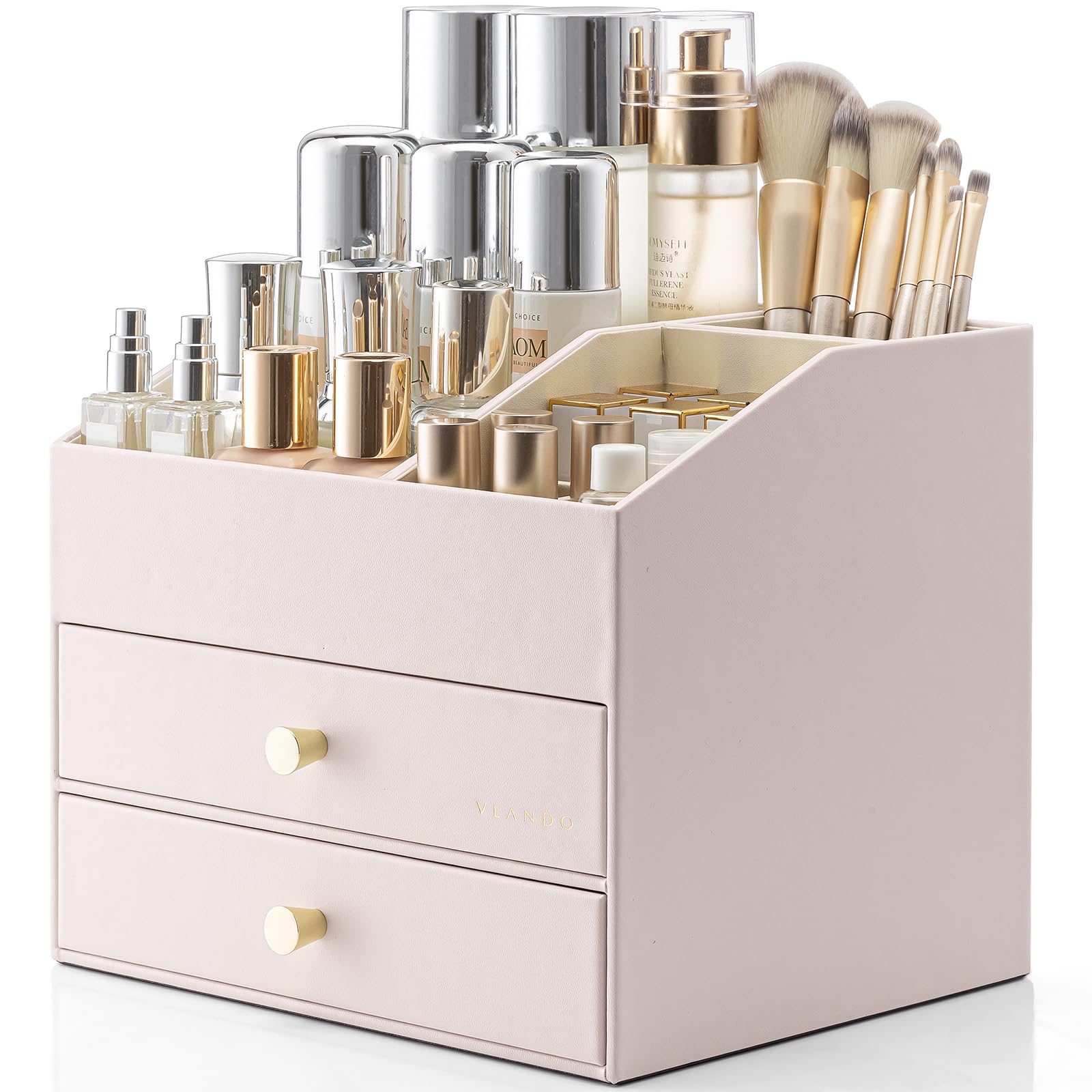 Photo 1 of Vlando Makeup Organizer,Skincare Organizer for Vanity?PU Leather Make up Organizer with Drawers Cosmetic Display Case for Countertop,Perfume,Gifts Ideas for Women (Apricot White)