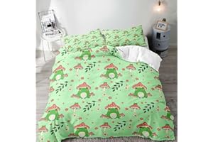 LUVIVIHOME 3PCS Cute Frog Duvet Cover Full, Red Mushroom Bedding Set, Green Duvet Cover, Teens Boys Girls Kids Bedding, Botanical Plant Frog Comforter Quilt Cover, Frog Gifts for Women, 2 Pillow Shams
