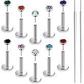 Ruifan Titanium Flat Back Lip Rings Threadless Push in Earrings Studs Nose Rings 20G 18G 16G Jeweled Mix Colors CZ Tragus Cartilage Lobe Rook Helix Conch Labret Medusa Piercing Jewelry for Women Men