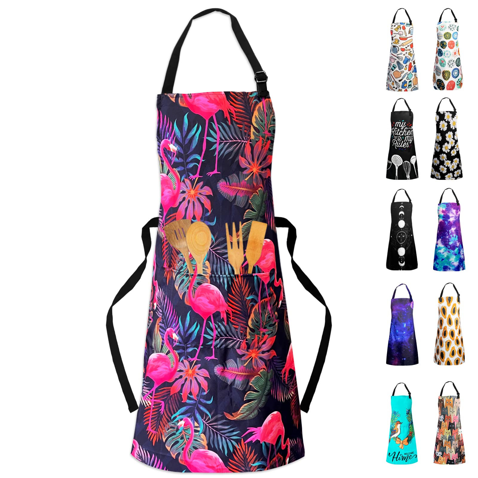 Sosolong Adjustable Waterproof Apron Bib Apron with 2 Pockets Cooking Kitchen Aprons for Women Men Chef, Adult Gifts, flamingo…