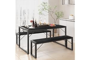 Gizoon 45.5" Dining Table Set for 4 with 2 Benches, Kitchen Table Set with Metal Frame & MDF Board, Space-Saving Dinette for Kitchen, Dining Room -Black