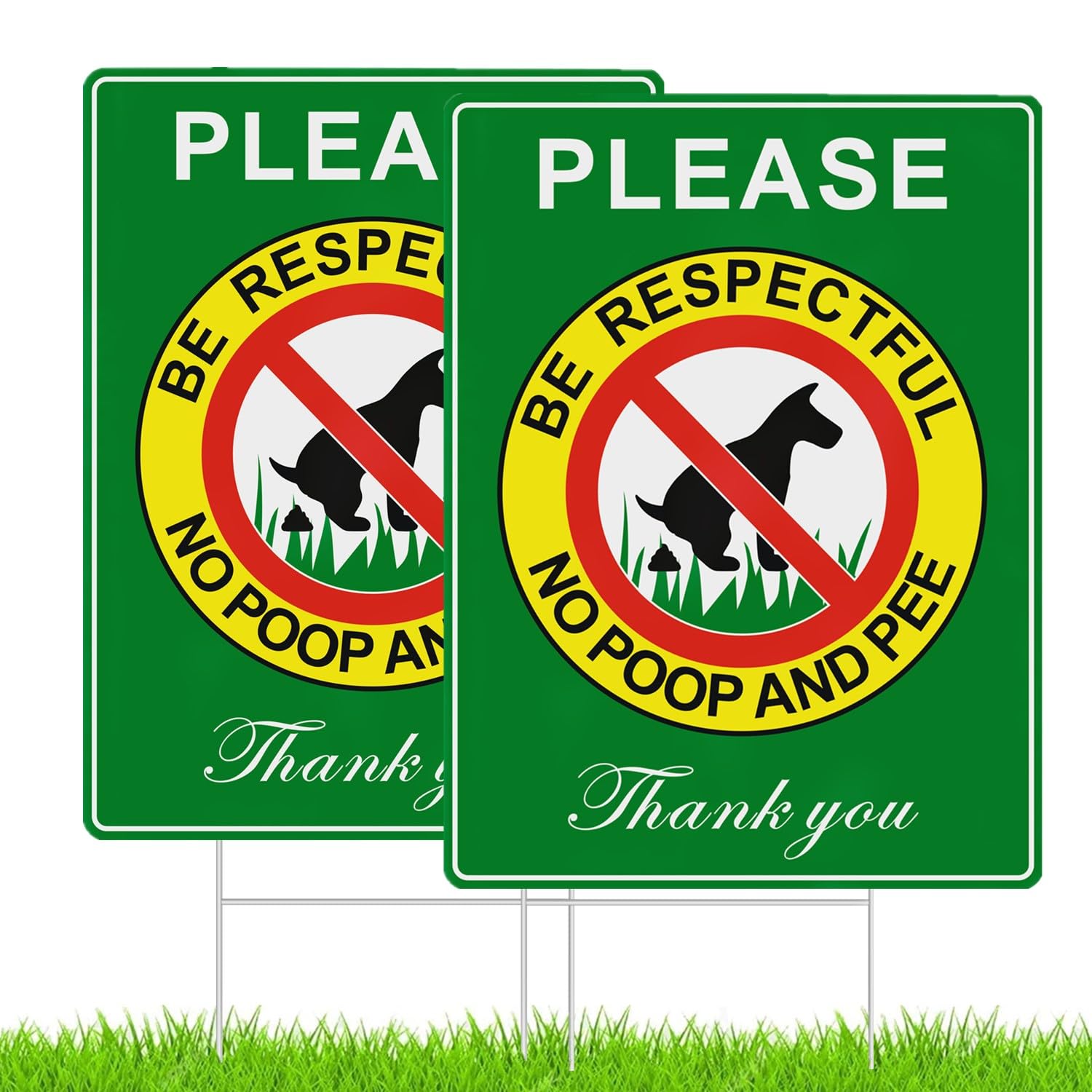 Photo 1 of HEIOKEY 2 Pack Double Sided 12" x 9" No Poop And Pee Signs with Metal H Stake, Please Be Respectful Thank You Sign, No Pooping Yard Sign with Stake, No Dog Allowed Sign, No Poop Zone for Lawn (Green)