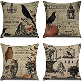 JOYFISCO Halloween Pillow Covers 18 x 18, Vintage Throw Pillow Covers Set of 4 Owl Crow Pumpkin Skull Velvet Couch Cushion Covers Halloween Decorations