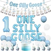 One Silly Goose 1st Birthday Party Decorations, One Silly Goose Banner and Photo Banner Blue Farm Animal Theme Cake and Cupcake Topper Balloons Kit for Boys Flower Duck Theme First Birthday Supplies