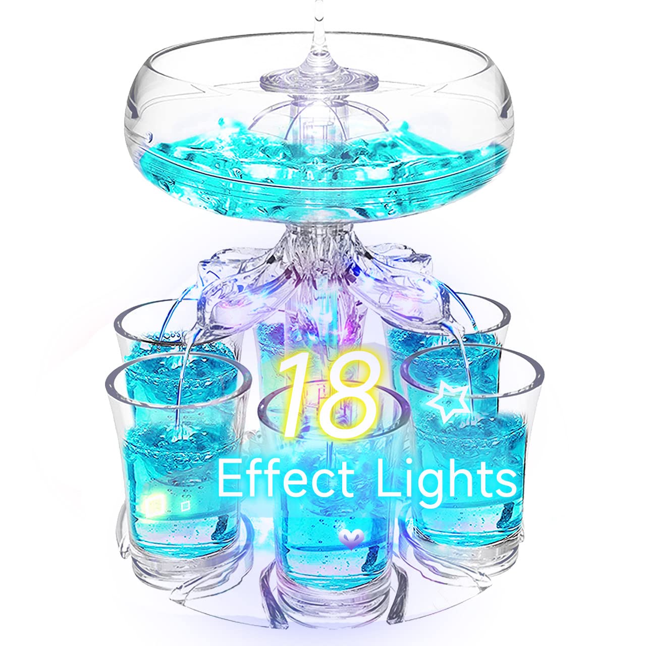 Party Drink Dispenser with 6 Shot Glasses Set - 18 Effect Lights Shot Glass Dispenser Acrylic Touchless Shot Pourer for Juice Spirits Cider Whiskey Cocktail, Fun Bar Accessories Home Gifts (V2 LED)