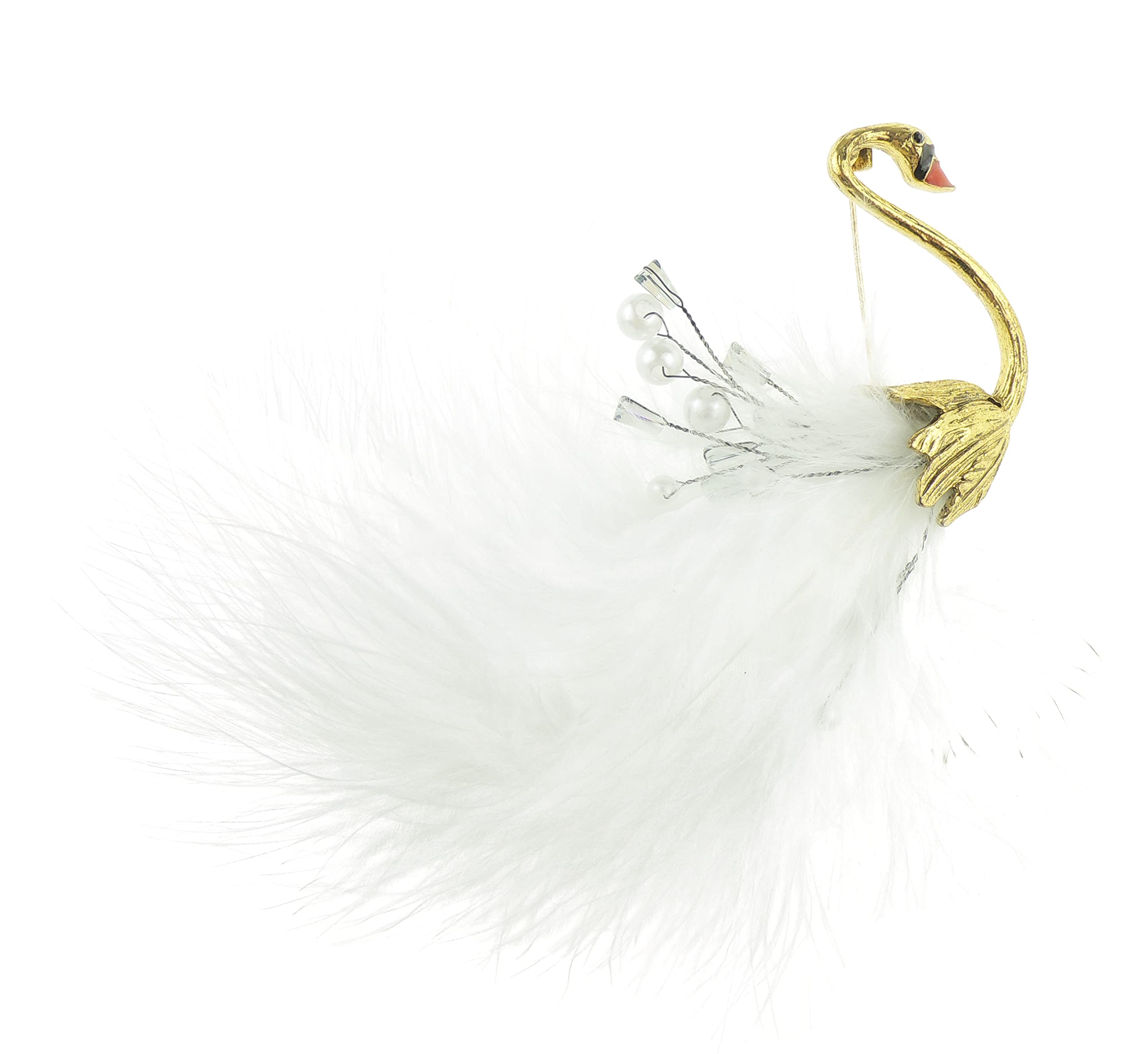 Womens Vintage Look Bridal Wedding Christmas Birthday Gift Saree Scarf Mother Bride Groom Diamante Crystal Faux Pearl Brooch Badge Breastpin Corsage Pin Bouquet Peacock Swan Feather Bird (White)