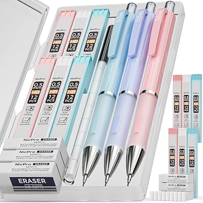 Nicpro 3PCS Pastel Mechanical Pencils 0.5mm with Case 72 Lead Refill Set