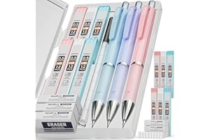 Nicpro 3PCS Pastel Mechanical Pencil Set, 0.5 Mechanical Pencils with 6 Tube HB Lead 0.5mm, 3 Eraser and 9 Eraser Refill & Ca