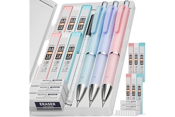 Nicpro 3PCS Pastel Mechanical Pencil Set, 0.5 Mechanical Pencils with 6 Tube HB Lead 0.5mm, 3 Eraser and 9 Eraser Refill & Ca