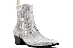 OSSTONE Men Chelsea Ankle Boots Leather Pony Hair Leopard Boot with Side Zipper Heel Boots JY012