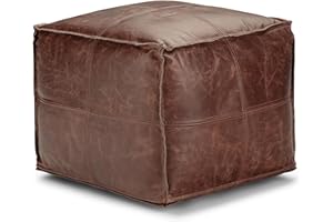 SIMPLIHOME Sheffield Square Pouf - 18 inch Wide Genuine Leather Ottoman in Brown, Boho-Style Footrest, Extra Seating, or Accent Piece for Living Room or Bedroom, Assembled