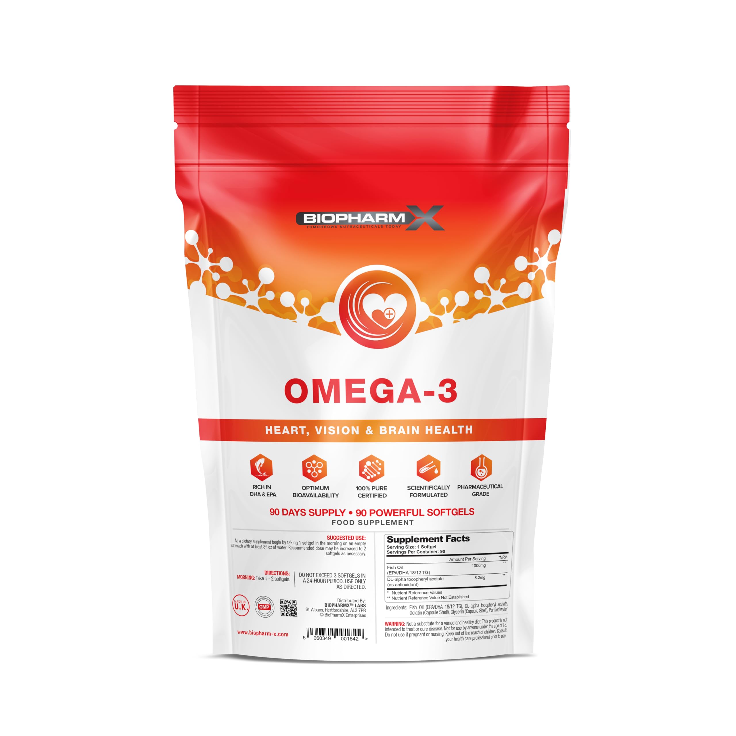 Omega 3 Fish Oil (1000mg - 90 Softgels) 100% Pure Certified & Maximum Strength Fish Oil with EPA & DHA