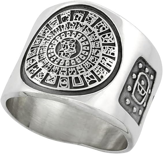 Sterling Silver Aztec Calendar Ring for Men Imix Inscription Sides 18mm