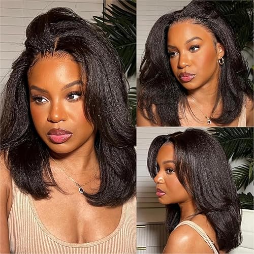 Black V Part Wig Kinky Straight Wig Upgrade U Part Synthetic Wigs for Black Women Full Head Clip In Hair Glueless Blend Human Hair Replacement Synthetic Wigs Natural Scalp (Natural Black, 14 Inch)