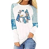 Christmas Snowman Striped Leopard Shirt Women Xmas Leopard Striped Splicing T-Shirt Color Block Casual Long Sleeve Tops