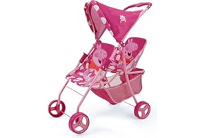 Peppa Pig: Doll Twin Stroller - Pink & White Dots - Fits Dolls Up to 24", Retractable Canopy, Easy to Fold for Storage & Trav