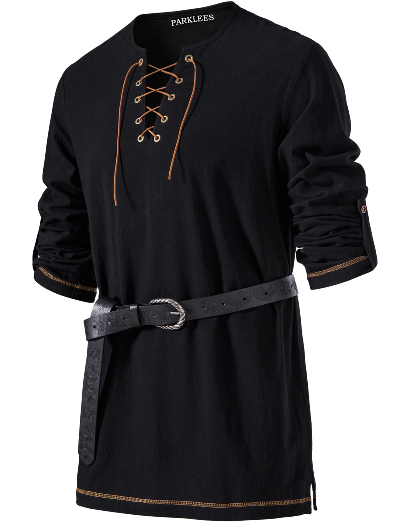 PARKLEES Men's Medieval Viking Pirate Costume Vintage Renaissance Halloween Shirts Black Small