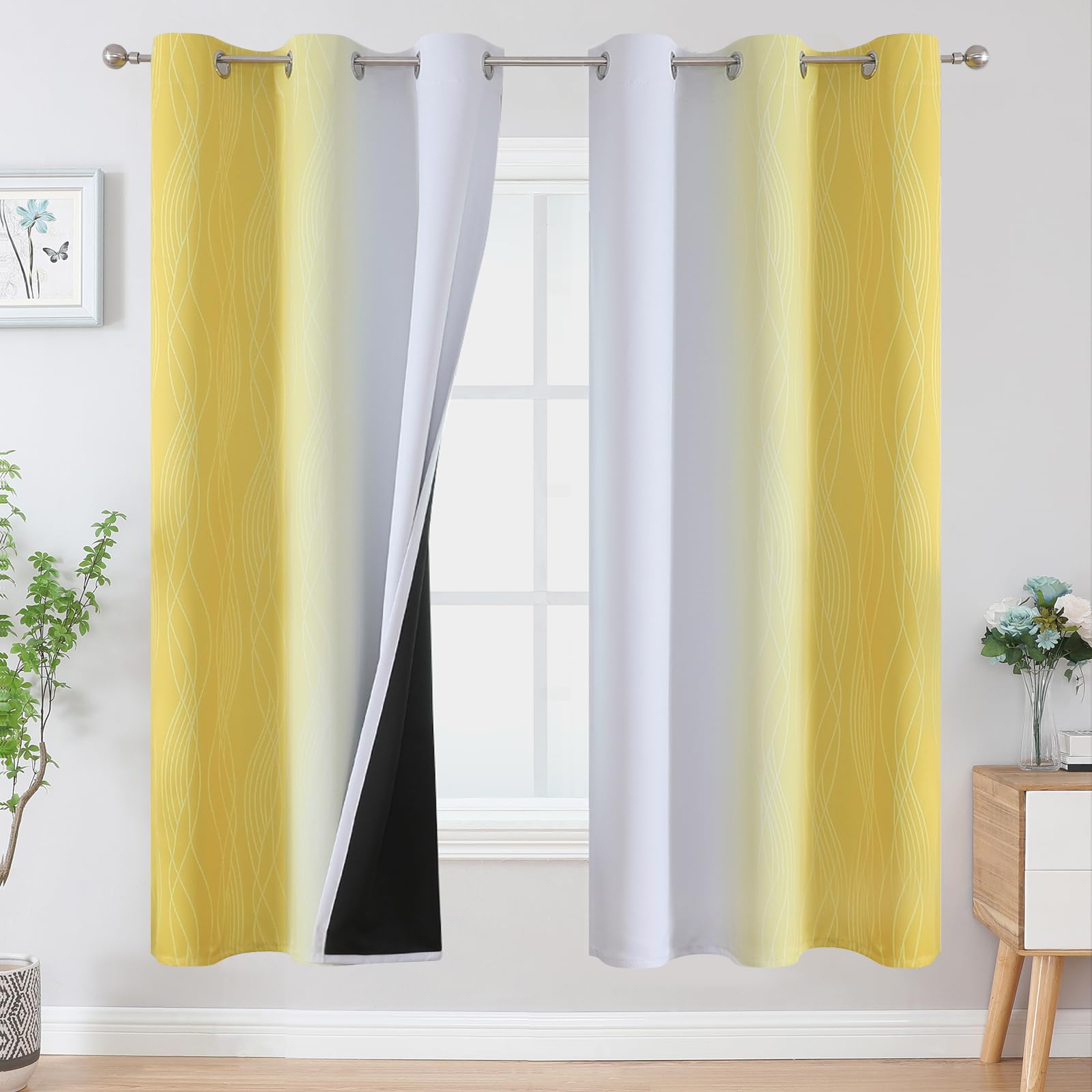 VEHEDE Thermal Insulated Noise Reducing Ombre Blackout Curtains 72 Inch Drop for Bedroom, Stripe Wave Light Blocking Eyelet Drapes for Living Room, W42 x L72 Inch, Yellow and Greyish White, 2 Panels