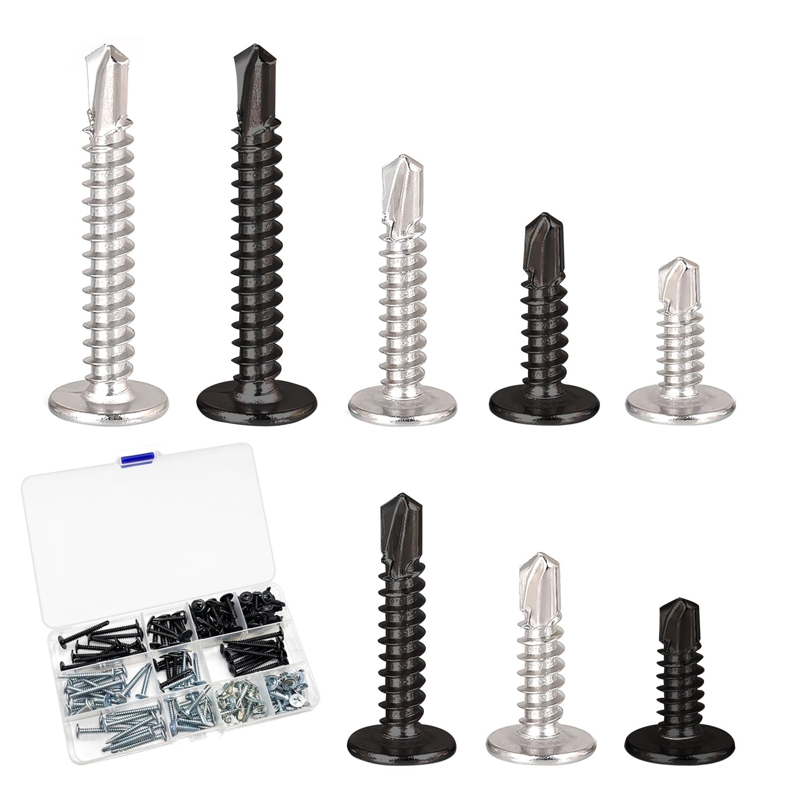 Self Tapping Screws, 150Pcs Carbon Steel Self Drilling Screws for Metal Galvanized Steel Phillips Flat Head Self-Tapping Screw for Sheet Metal Steel Aluminum Wood(M4.2 x 16,19,25,38 mm/Black & Silver)